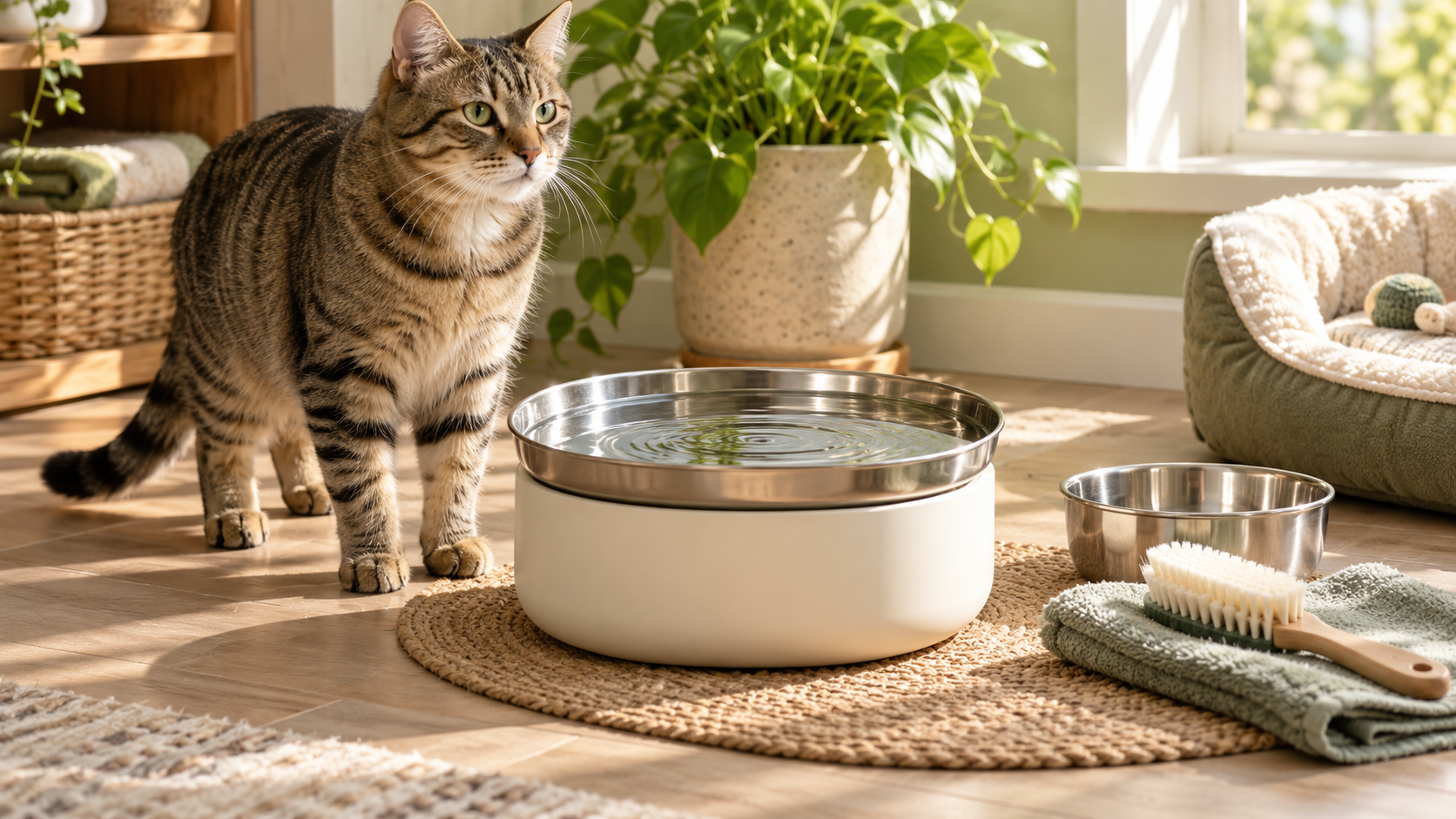 A tabby cat beside a generic off-white fountain with a steel tray, separate bowl and soft brush