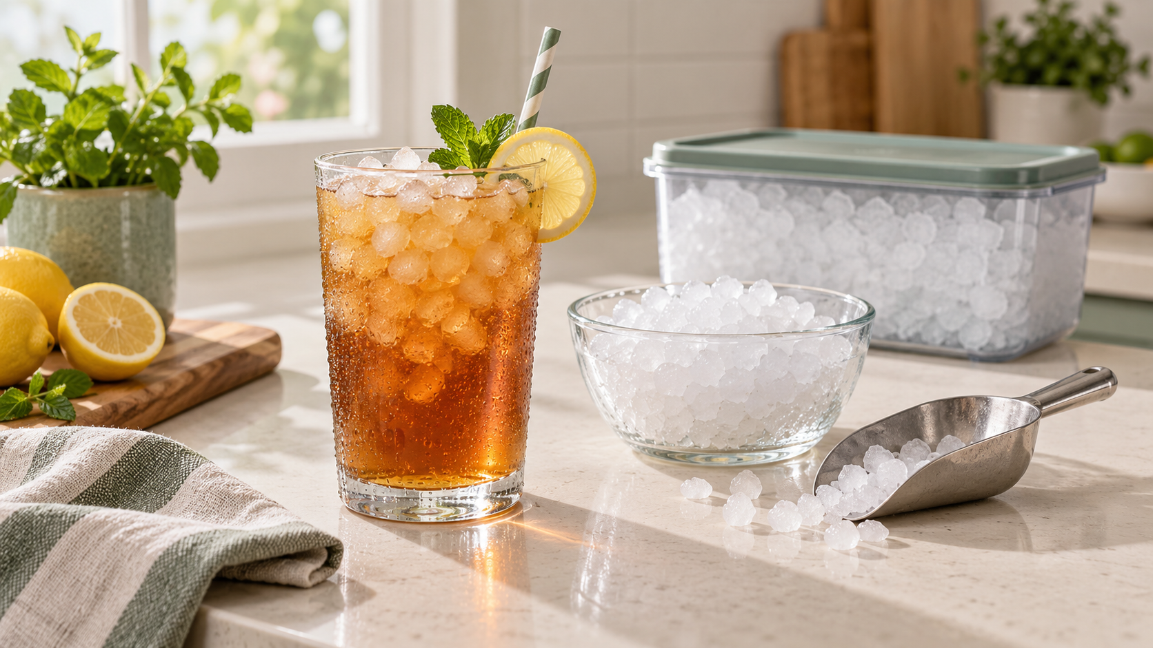 A glass of iced tea, small nugget ice, a scoop and a storage container