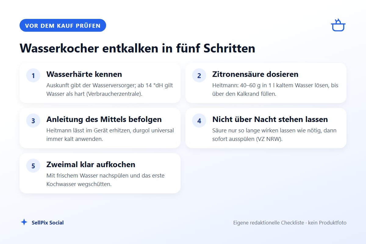 Checkliste: Wasserkocher entkalken in fünf Schritten
