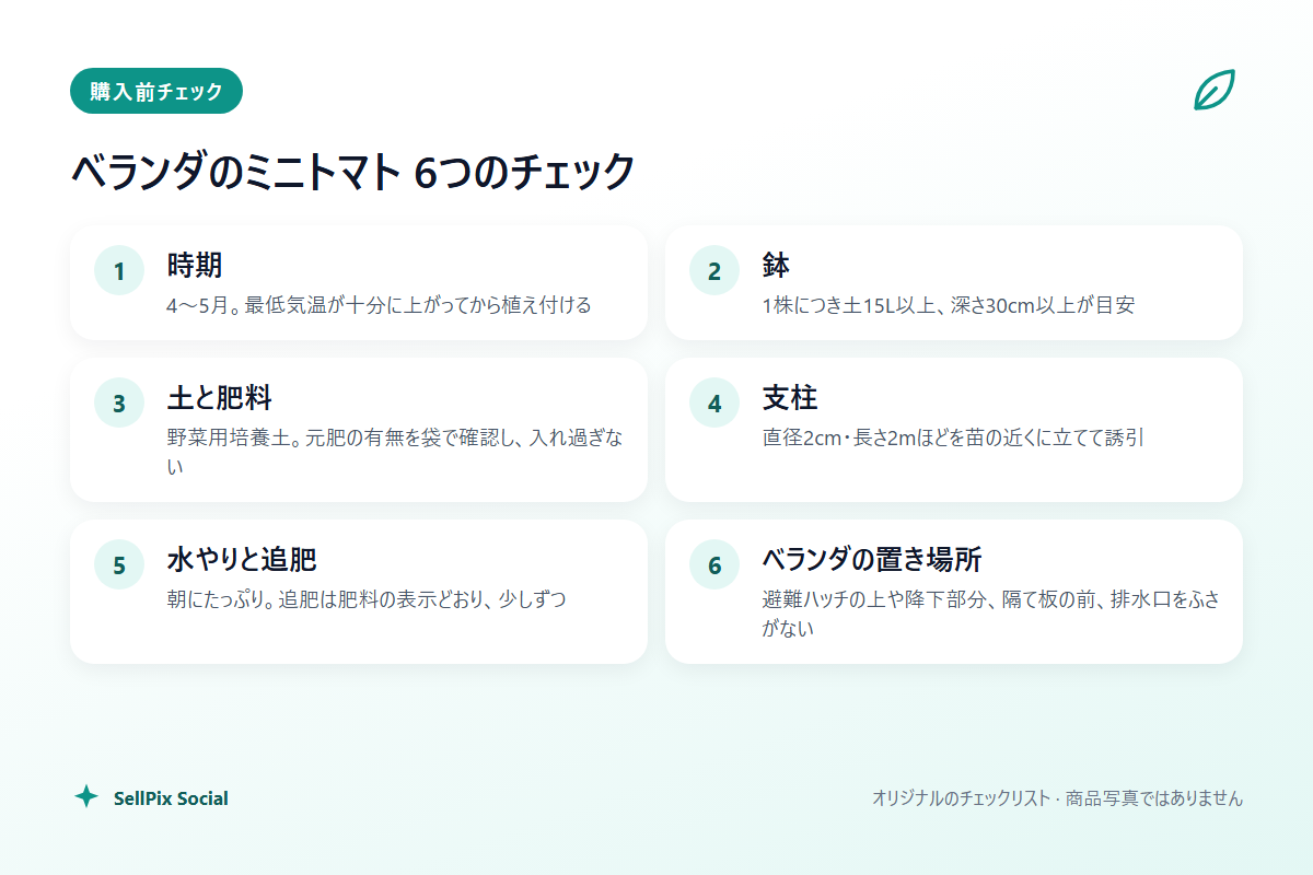 ベランダのミニトマト栽培 6つのチェックをまとめたオリジナル図解