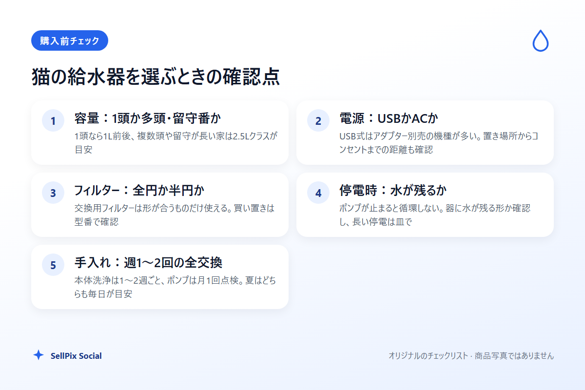 猫用フィルター式給水器を選ぶときの確認点を示した図解