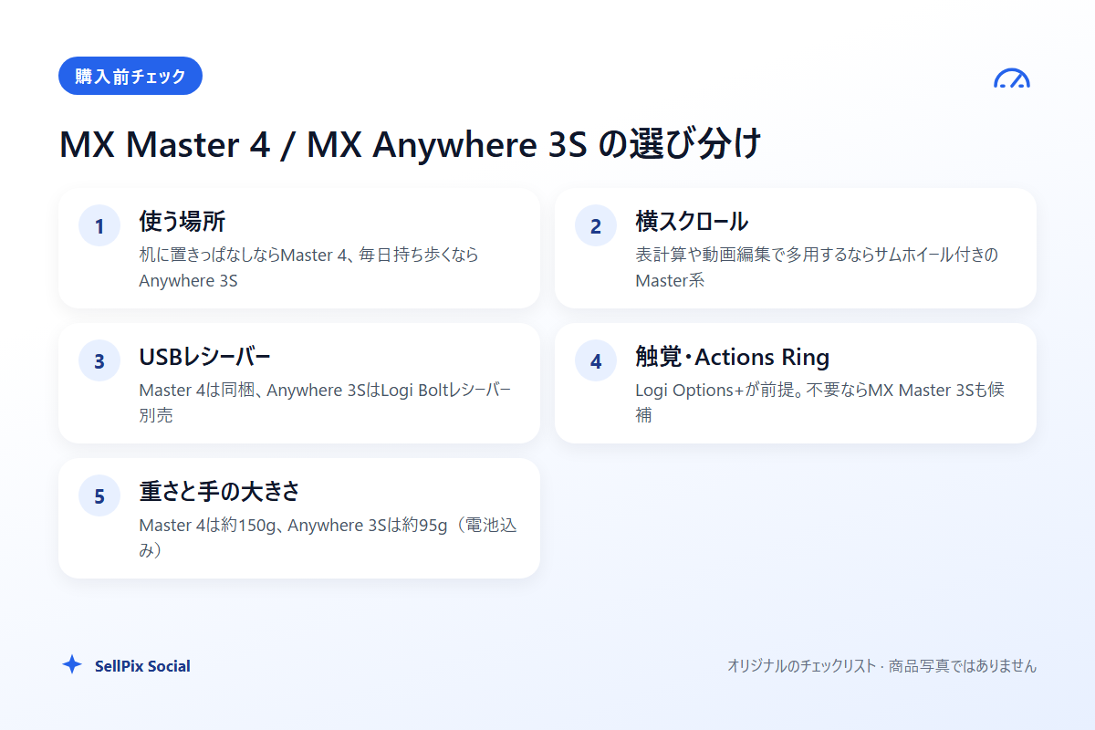 MX Master 4とMX Anywhere 3Sの選び分けチェックリスト