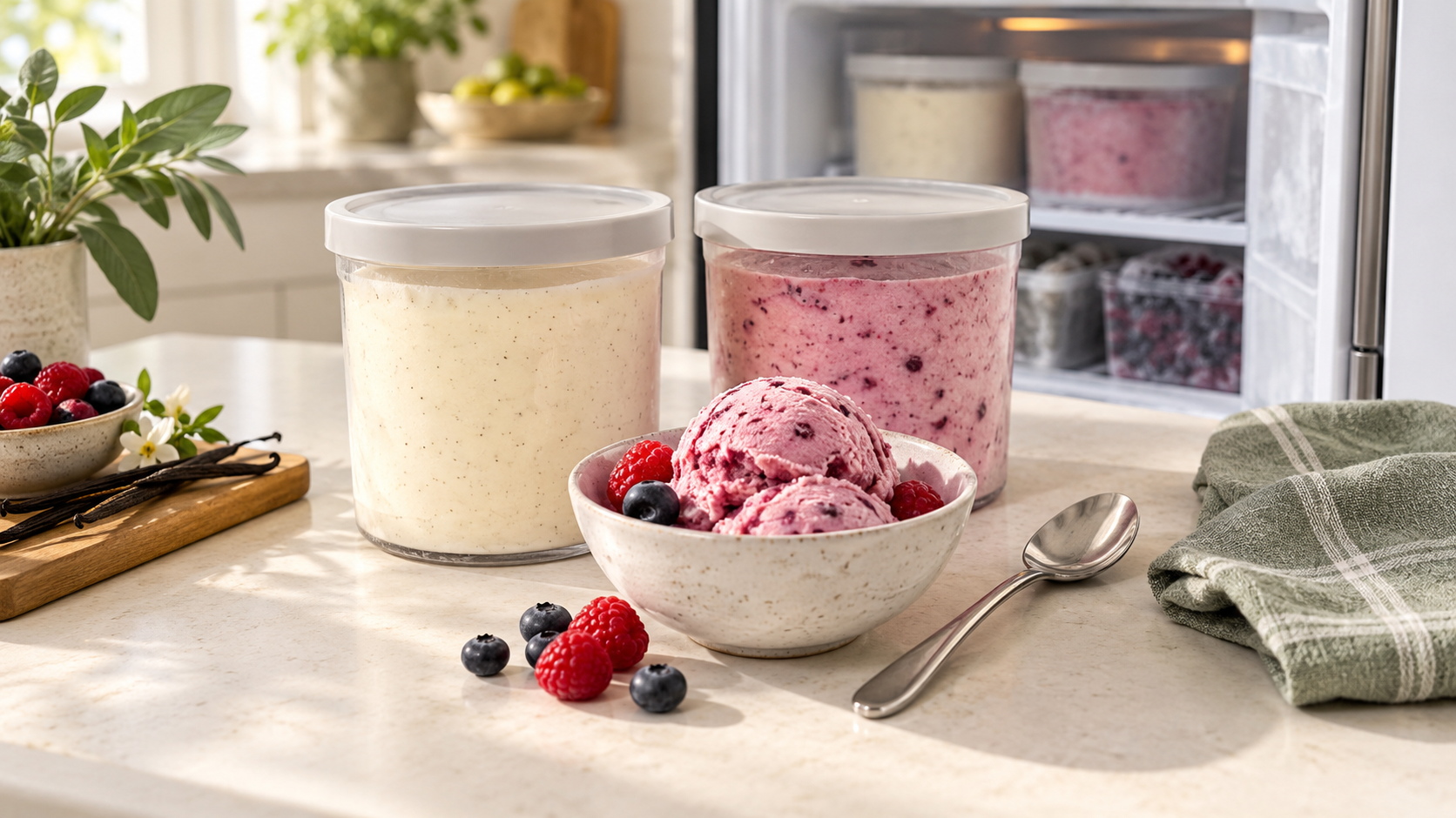 Vanilla and berry dessert tubs beside served ice cream in a kitchen