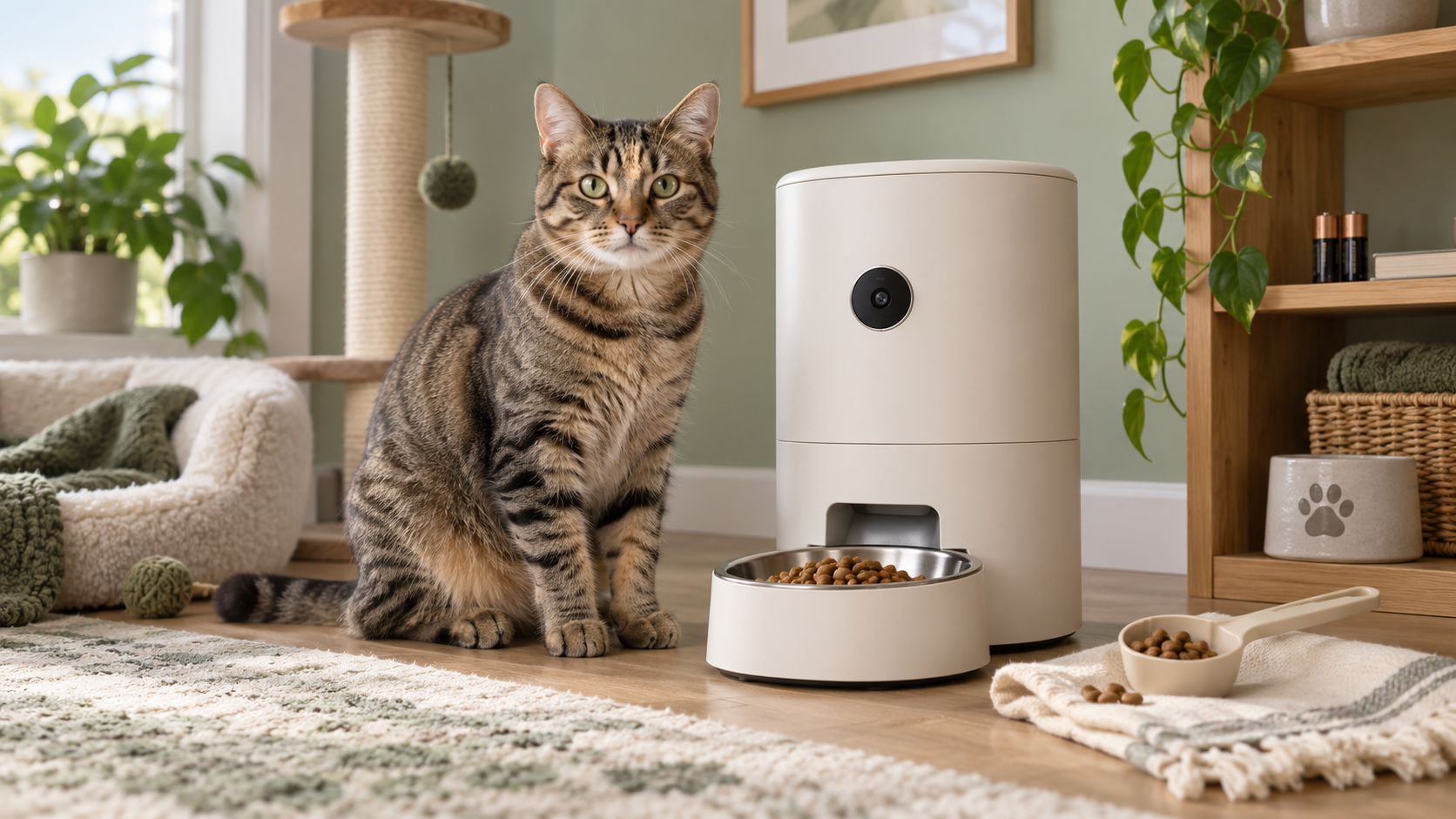 A tabby cat beside a generic cream camera-style feeder with a steel bowl and dry kibble