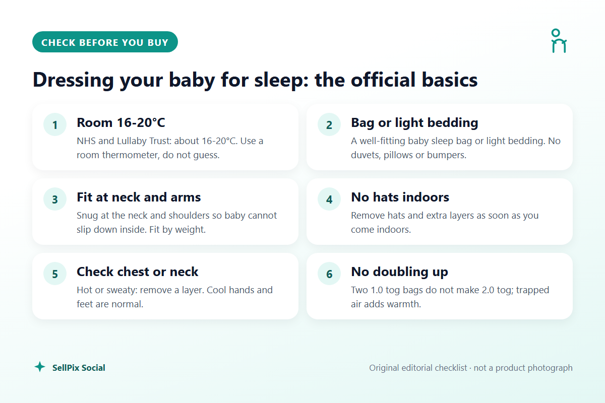 Checklist of NHS and Lullaby Trust basics for dressing a baby for sleep