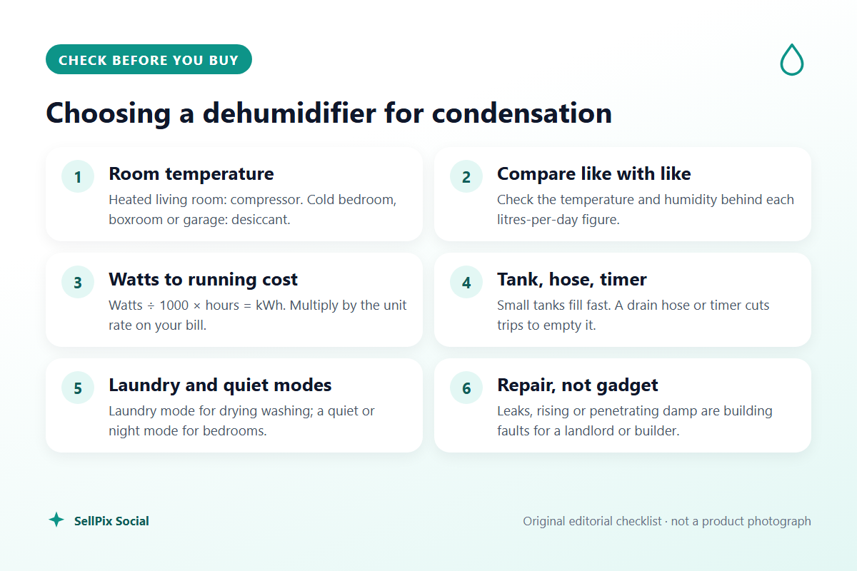 Checklist for choosing a dehumidifier: room temperature, test conditions, wattage, tank and drainage, modes, and when damp is a repair