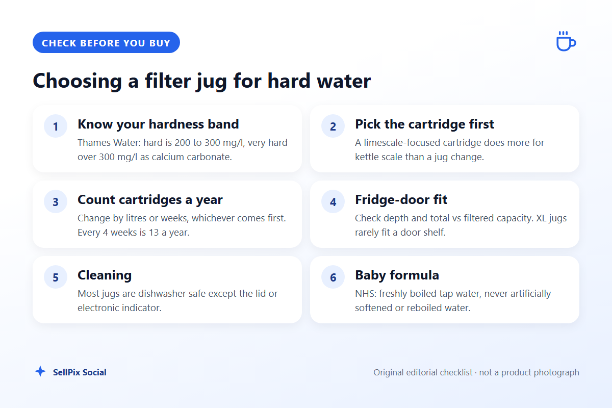 Checklist for choosing a filter jug in a hard water area: hardness band, cartridge type, cartridges per year, fridge fit, cleaning and baby formula