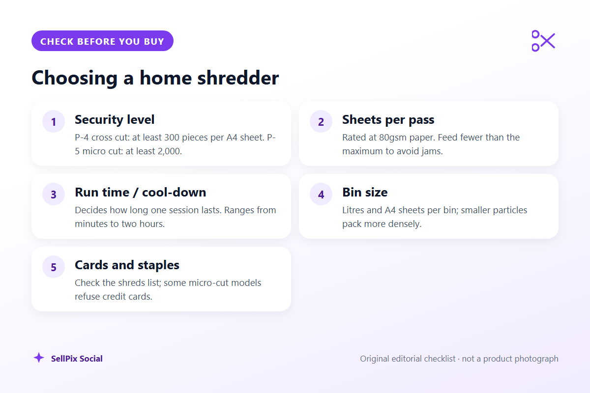 Checklist of security level, sheets per pass, run time, bin size and card shredding for home paper shredders