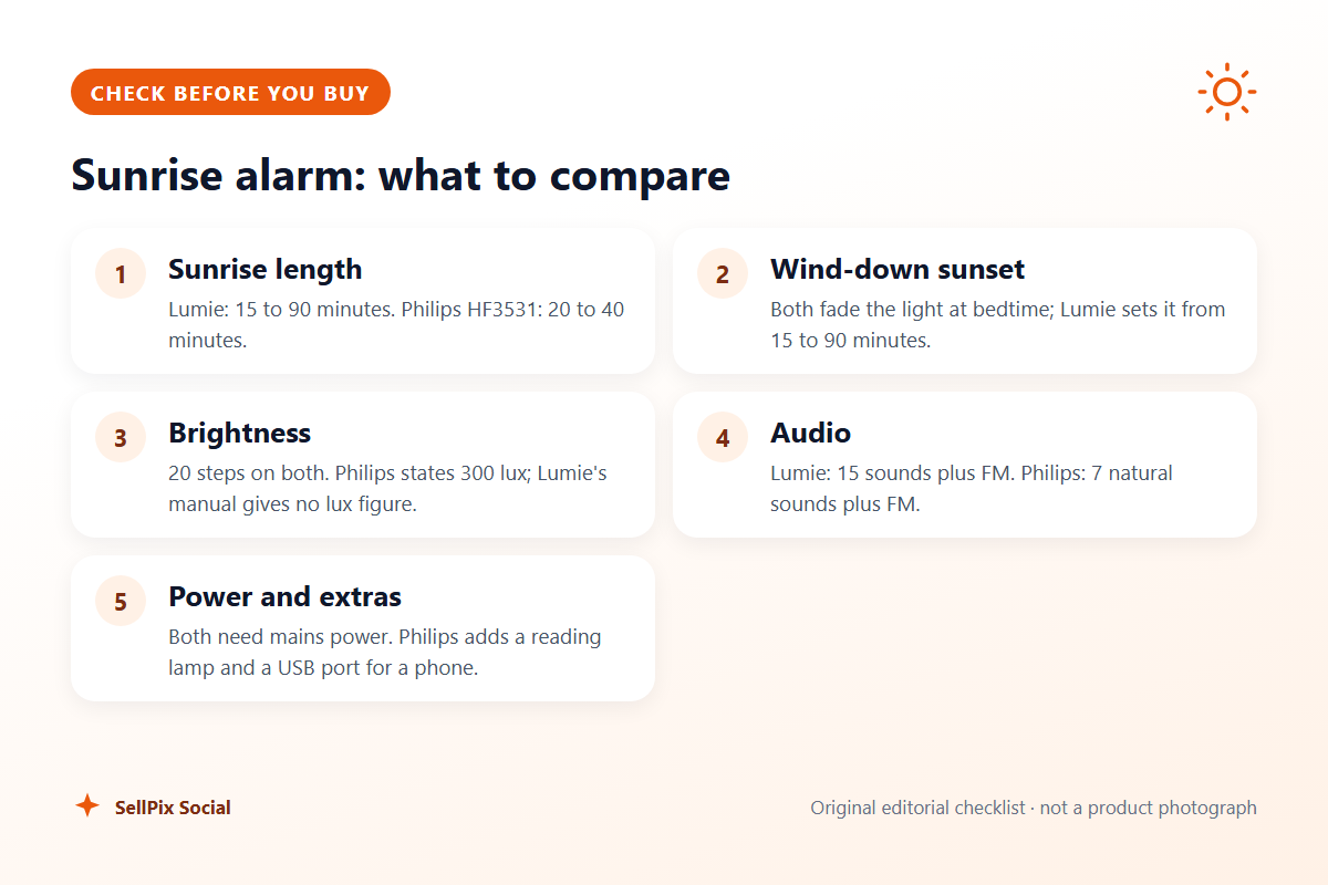 Checklist comparing sunrise length, sunset, brightness steps, audio and extras for two sunrise alarm clocks