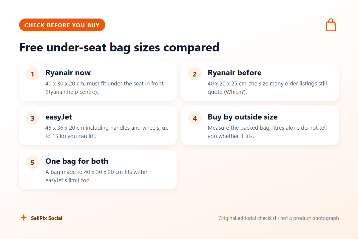 Comparison of Ryanair and easyJet free under-seat bag sizes