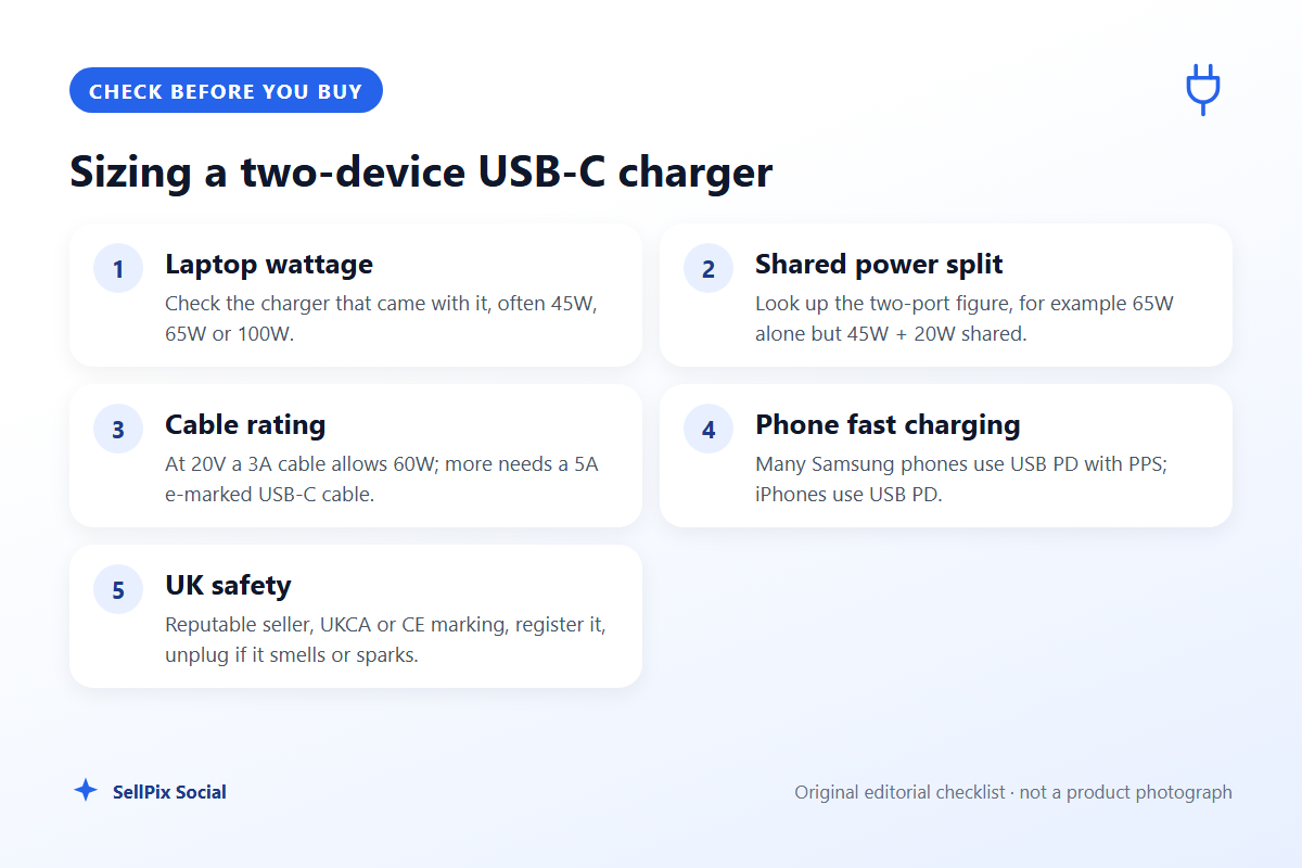 Checklist for choosing a multi-port USB-C charger: laptop wattage, shared power split, cable rating, PPS and safety